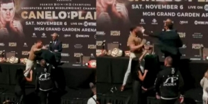 &ldquo;El Canelo&rdquo; y Caleb Plant se agarran a golpes en la gira promocional