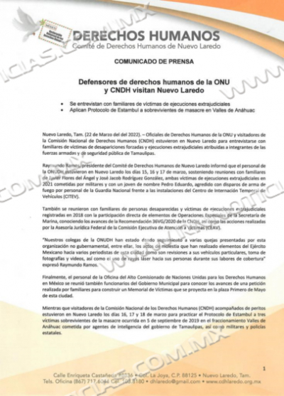 Defensores de derechos humanos de la ONU y CNDH visitan Nuevo Laredo