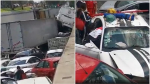 Tr&aacute;iler sin frenos en Quer&eacute;taro provoca carambola de 23 autos