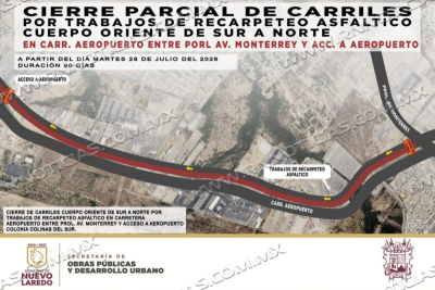 CIERRE PARCIAL DE CARRILES EN CARRETERA AEROPUERTO POR RECARPETEO ASF&Aacute;LTICO; OBRAS DURAR&Aacute;N 90 D&Iacute;AS