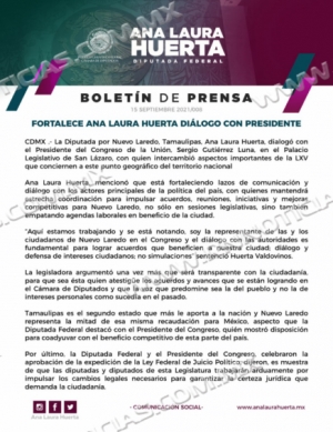 Fortalece Ana Laura Huerta diálogo con Presidente