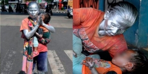 Abuelita trabaja como estatua para dar de comer a su nieto de dos años