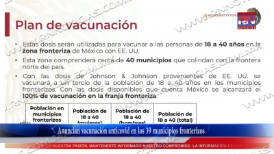 VIDEO Anuncian vacunaci&oacute;n anticovid en los 39 municipios fronterizos