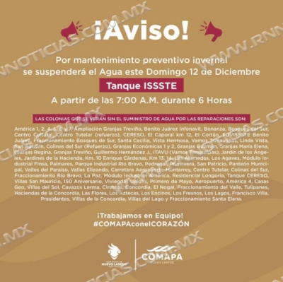Corte de agua programado para el domingo 12 de diciembre.