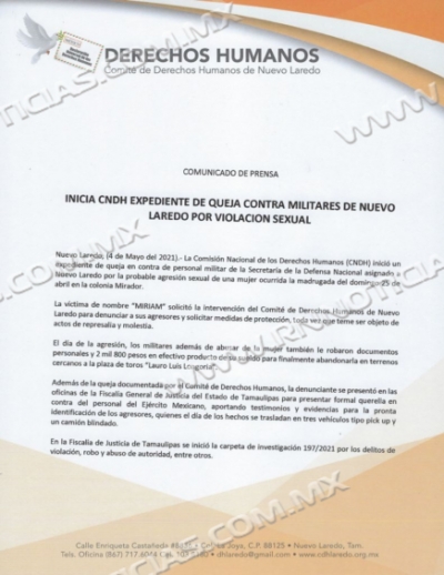 Inicia CNDH expediente de queja contra Militares de Nuevo Laredo por violación sexual